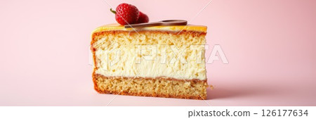 Delicious layered cheesecake slice with a strawberry on top against a pastel background 126177634