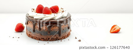 Delicious chocolate cake topped with fresh strawberries and whipped cream on a clean white background 126177640