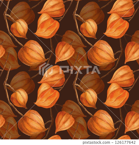 Burgundy autumn seamless pattern of physalis in vintage style. Botanical watercolor texture. Elegant fall twig with physalis background. Perfect for seasonal fall decoration, fabrics, wallpaper. 126177642