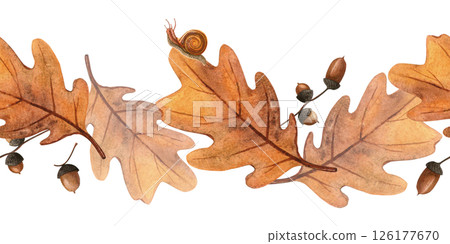 Elegant autumn seamless bordure - oak leaves, acorns, snails. Seasonal fall watercolor border of bright foliage and escargot Perfect for home fabric, floral textile, kitchenware, bedclothes, wrapping Elegant autumn seamless bordure - oak leaves, acorns, snails. Seasonal fall watercolor border of bright foliage and escargot Perfect for home fabric, floral textile, kitchenware, bedclothes, wrapping 126177670