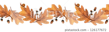 Elegant autumn seamless bordure - oak leaves, acorns, snails. Seasonal fall watercolor border of bright foliage and escargot Perfect for home fabric, floral textile, kitchenware, bedclothes, wrapping 126177672