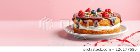 Delicious layered cake with chocolate, cream, and fresh berries on a pastel pink background Delicious layered cake with chocolate, cream, and fresh berries on a pastel pink background 126177686