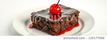 Delicious chocolate brownie topped with cherry and syrup served on a white plate Delicious chocolate brownie topped with cherry and syrup served on a white plate 126177688