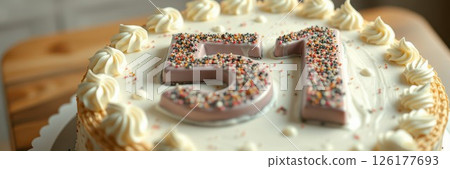 Celebration with a delicious cake featuring 51, decorated with colorful sprinkles and whipped cream Celebration with a delicious cake featuring 51, decorated with colorful sprinkles and whipped cream 126177693