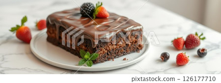 Decadent chocolate cake with fresh berries served on a white plate Decadent chocolate cake with fresh berries served on a white plate 126177710