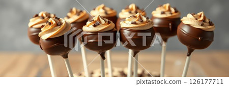 Delicious chocolate-dipped dessert pops with creamy frosting on top arranged on a wooden table 126177711