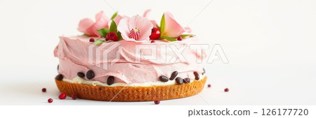Delicious pink frosted cake topped with edible flowers and chocolate chips on a white background 126177720