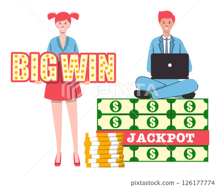 Cartoon Color Characters People and Big Win Casino Concept Flat Design Style and Line Elements. Vector illustration 126177774