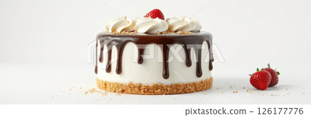 Chocolate and strawberry cake with whipped cream on a plain background 126177776