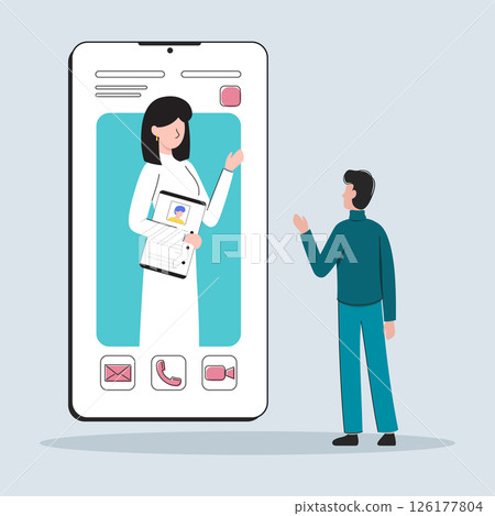 Cartoon Color Characters and Mobile Doctor Online App Service Concept Flat Design Style. Vector illustration of Consultation Cartoon Color Characters and Mobile Doctor Online App Service Concept Flat Design Style. Vector illustration of Consultation 126177804