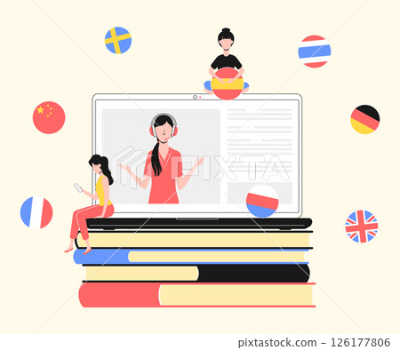 Cartoon Color Characters and Foreign Language Study Online Concept Flat Design Style . Vector illustration of Practical Course 126177806