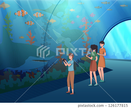 Cartoon Color Characters Mother with Children in Oceanarium Concept Flat Design Style. Vector illustration of Underwater Museum with Fishes 126177815