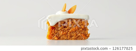 Delicious carrot cake slice topped with cream and almonds on a clean surface 126177825