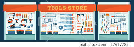 Cartoon Color Showcase Set of Tool Store Assortment of Hand Instruments and Power Tools Concept Flat Design Style. Vector illustration 126177833