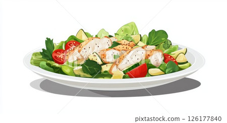 Delicious grilled chicken salad with fresh vegetables served on a white plate for a healthy meal option 126177840