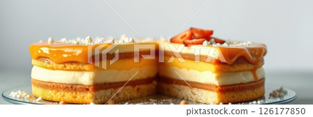 Delicious layered dessert featuring creamy fillings and caramel topping displayed on a glass plate 126177850
