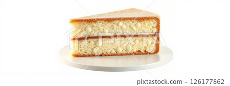 Delicious layered cake with creamy filling served on a white plate in a bright kitchen setting 126177862