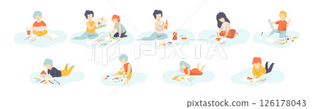 Kids Doing Creative Activity and Craft Vector Set 126178043