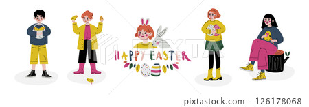 Kid Celebrate Easter Spring Season Holiday Vector Set 126178068