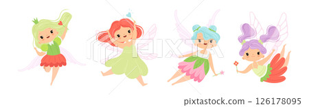 Cute Fairy and Pixie Character with Wings and Magic Wand Vector Set 126178095