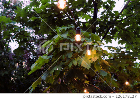 Interior of the cafe. interior Street cafe. Cozy street with garland and French-style cafe. Decor facade of coffee house. Interior of the cafe. interior Street cafe. Cozy street with garland and French-style cafe. Decor facade of coffee house. 126178127