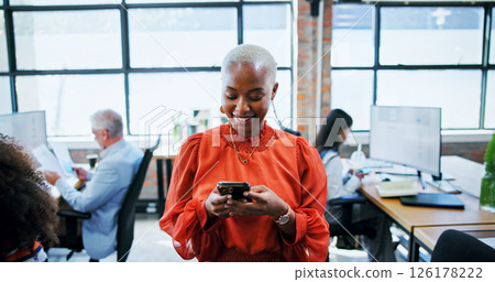 Office, businesswoman and scroll with smartphone for notification, news and contact in digital agency. Coworking, female person and consultant with smile for tech, blog application and social media Office, businesswoman and scroll with smartphone for notification, news and contact in digital agency. Coworking, female person and consultant with smile for tech, blog application and social media 126178222