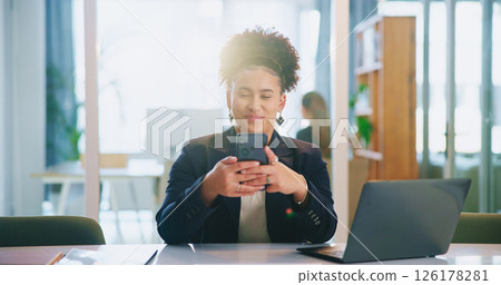 Mobile, business woman and reading in office to check email, message and accounting budget. Phone, happy worker and communication with chat app for financial news, bookkeeping and online schedule Mobile, business woman and reading in office to check email, message and accounting budget. Phone, happy worker and communication with chat app for financial news, bookkeeping and online schedule 126178281