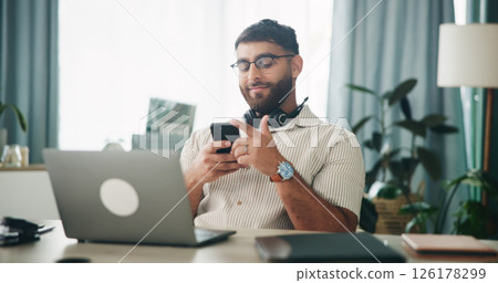 Home, man and laptop with smartphone for reading, chat and freelancer for call center. Office, headset and consultant with technology for sales research, social media or remote work for telemarketing 126178299