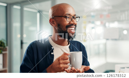 Black man, coffee and happy with thinking at office with insight, solution and excited for project. African person, mug and smile with perspective, drink and problem solving at creative agency 126178312