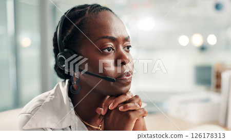 Black woman, consultant or concern with headset at call center for bad news or difficult customer. Female person, agent or employee thinking with mic in worry for negative feedback or error at office Black woman, consultant or concern with headset at call center for bad news or difficult customer. Female person, agent or employee thinking with mic in worry for negative feedback or error at office 126178313