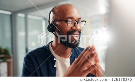 Happy, black man and consultant with headset at call center for online communication or customer service. Male person, agent or smile with technology, mic or help for virtual assistance at office 126178370