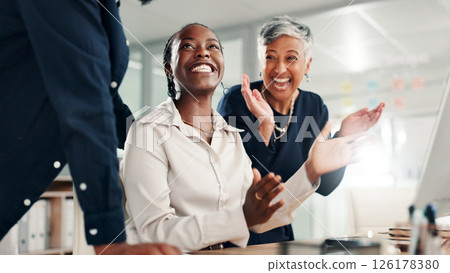 Applause, happy and business people in office with job promotion, good news or achievement. Celebration, goal and female editor with team for clapping hands with publishing deal in workplace. 126178380