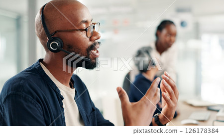 Man, consultant or discussion with headset at call center for customer service or online advice. Male person, agent or employee talking with mic on technology for virtual assistance or help at office Man, consultant or discussion with headset at call center for customer service or online advice. Male person, agent or employee talking with mic on technology for virtual assistance or help at office 126178384