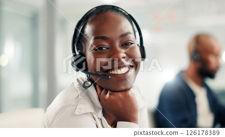 Happy, black woman and portrait with headset at call center for customer service or online advice. Face, female person or agent with smile, mic or technology for virtual assistance or help at office 126178389