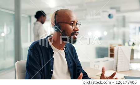 Office, call center and man on computer talking for contact us, crm service and customer support. Business, professional consultant and person with headset for communication, advice and feedback 126178406