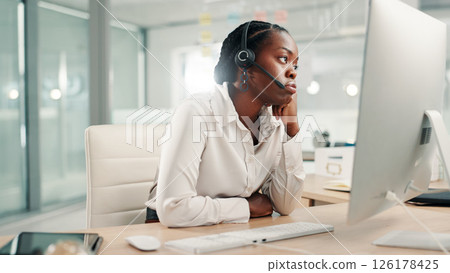 Bored, office and tired black woman in call center for contact us, crm service and customer support. Business, professional consultant and person with headset for fatigue, frustrated and burnout Bored, office and tired black woman in call center for contact us, crm service and customer support. Business, professional consultant and person with headset for fatigue, frustrated and burnout 126178425