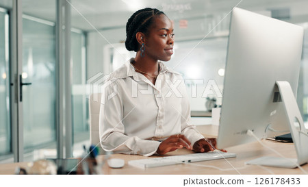 Research, business or black woman on computer for online project, review or economy website. Auditor, financial consultant and accountant typing on PC in office for planning budget, report or taxes Research, business or black woman on computer for online project, review or economy website. Auditor, financial consultant and accountant typing on PC in office for planning budget, report or taxes 126178433