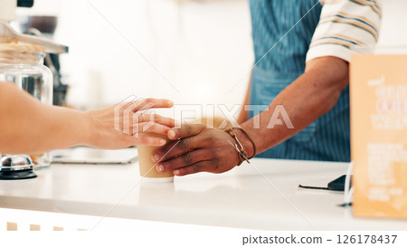 Cafeteria, coffee and hands of person with customer at counter for serving drinks, latte and cappuccino. Restaurant, hospitality and waiter with takeaway cups for service, store products and pos help Cafeteria, coffee and hands of person with customer at counter for serving drinks, latte and cappuccino. Restaurant, hospitality and waiter with takeaway cups for service, store products and pos help 126178437