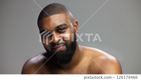 Portrait, skincare and black man in studio, dermatology and cosmetics on gray background. African person, mockup space and happy model with self care, grooming and shine with glow, beauty or wellness Portrait, skincare and black man in studio, dermatology and cosmetics on gray background. African person, mockup space and happy model with self care, grooming and shine with glow, beauty or wellness 126178466