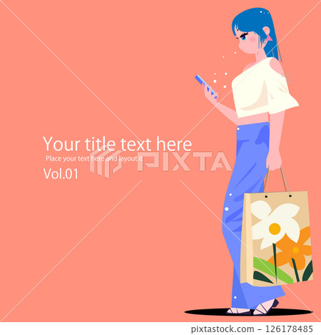 A cute woman holding a shopping bag and looking at her smartphone 126178485