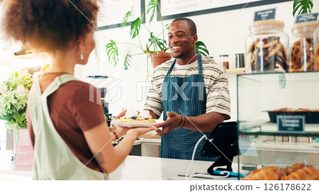 Waffle, smile and order for customer in bakery with man for food, hunger or serving as server or waiter. Buying, thank you and woman in deli with small business owner giving dessert for consumerism 126178622