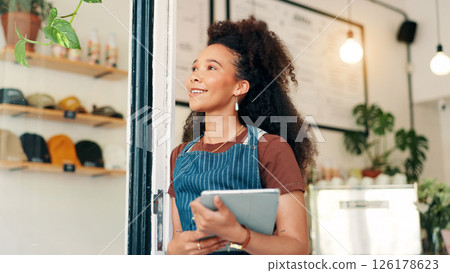 Thinking, tablet and barista woman in cafe for reflection, digital inventory and restaurant supply checklist. Vision, catering review and small business owner with person in coffee shop for menu 126178623