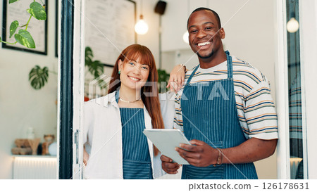 Cafe, entrance and portrait of team with tablet, smile and welcome with small business people. Partnership, confidence and restaurant staff at door on digital app for online booking, orders or review Cafe, entrance and portrait of team with tablet, smile and welcome with small business people. Partnership, confidence and restaurant staff at door on digital app for online booking, orders or review 126178631