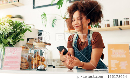Waitress, happy and phone with woman in cafe for customer order, food delivery and small business. Restaurant, contact and barista or person in coffee shop for bakery, communication and catering app Waitress, happy and phone with woman in cafe for customer order, food delivery and small business. Restaurant, contact and barista or person in coffee shop for bakery, communication and catering app 126178634