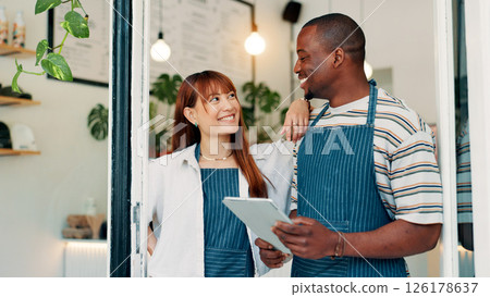 Cafe, woman and man at door with tablet, smile and collaboration with small business team. Partner, confidence and happy restaurant staff at entrance on digital app for online booking, orders or list Cafe, woman and man at door with tablet, smile and collaboration with small business team. Partner, confidence and happy restaurant staff at entrance on digital app for online booking, orders or list 126178637