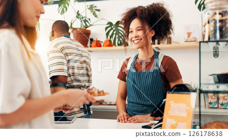 Happy, croissant and woman with customer at cafe counter for serving, help and purchase breakfast. Restaurant, hospitality and waiter with client for pastry, sweet treats and baked food for takeaway Happy, croissant and woman with customer at cafe counter for serving, help and purchase breakfast. Restaurant, hospitality and waiter with client for pastry, sweet treats and baked food for takeaway 126178638