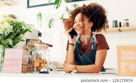 Waitress, smile and phone call with woman in cafe for customer order, food delivery and small business. Restaurant, contact and barista or person in coffee shop for bakery, communication and catering Waitress, smile and phone call with woman in cafe for customer order, food delivery and small business. Restaurant, contact and barista or person in coffee shop for bakery, communication and catering 126178654