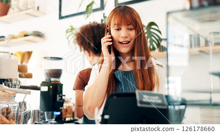 Waitress, woman or phone call for cafe order, hospitality or customer service in store. Small business owner, barista or manager on mobile for stock inventory, food sale or coffee shop startup 126178660