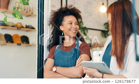 Cafe, door and people with tablet, smile and collaboration with small business teamwork. Partner, confidence and happy restaurant staff at entrance on digital app for online booking, orders or review Cafe, door and people with tablet, smile and collaboration with small business teamwork. Partner, confidence and happy restaurant staff at entrance on digital app for online booking, orders or review 126178677