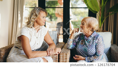 Home, senior mother and woman with conversation for bonding together, share memory and connection. Lounge, elderly mom and adult daughter with relationship for communication, catch up and support Home, senior mother and woman with conversation for bonding together, share memory and connection. Lounge, elderly mom and adult daughter with relationship for communication, catch up and support 126178704